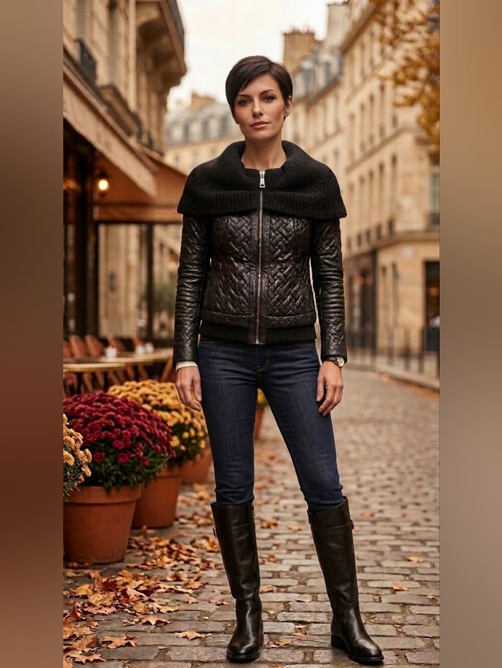 BELLUCCI Superbe Manteau court en cuir d'agneau véritable & col Oversize tricot